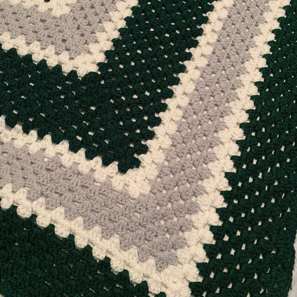 Vintage Handmade Crochet Afghan Blanket Green Gray White 65 X 65‎ Granny Square